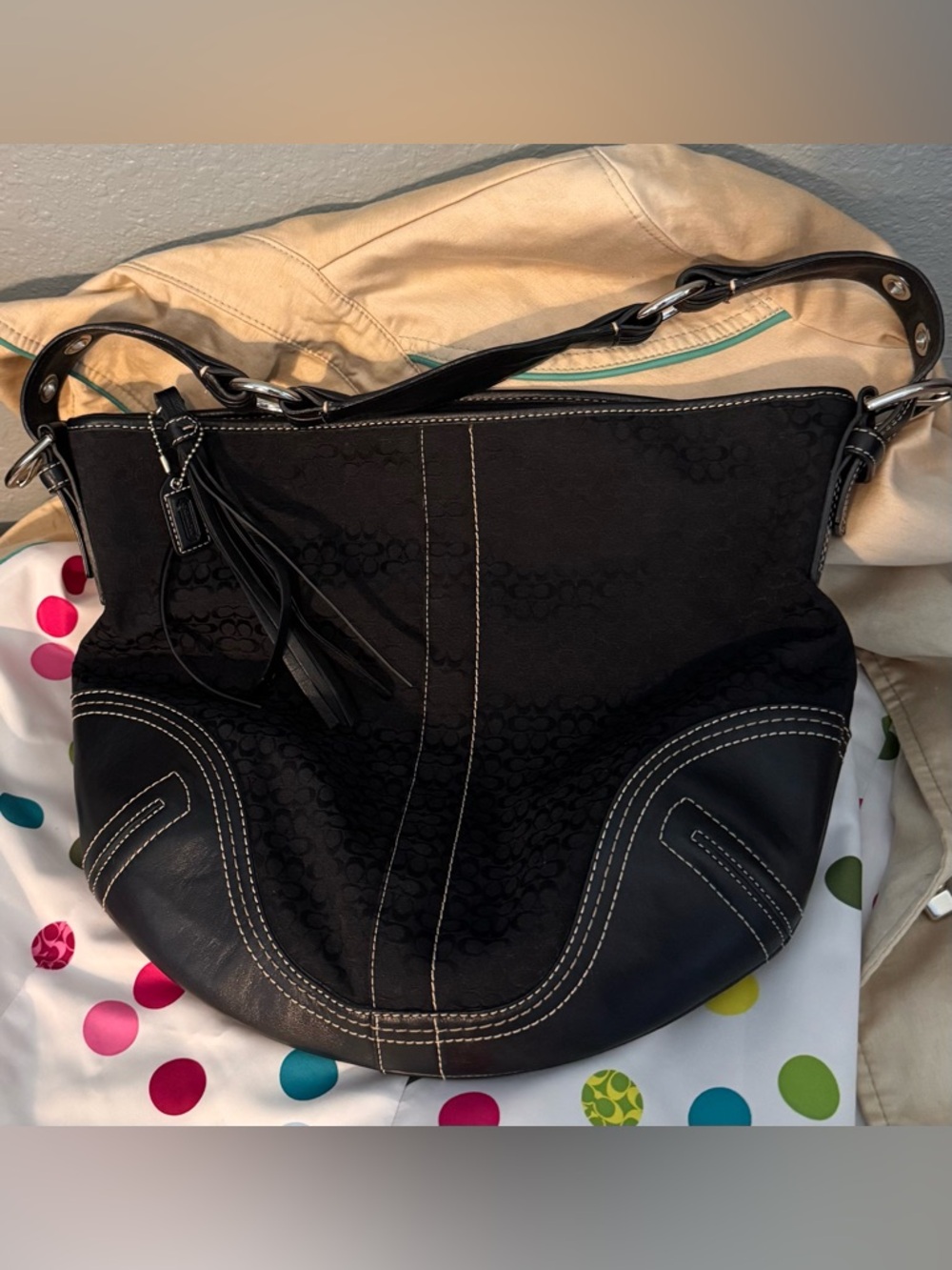 Coach 2158 Black Signature Monogram Print SoHo Hobo Handbag